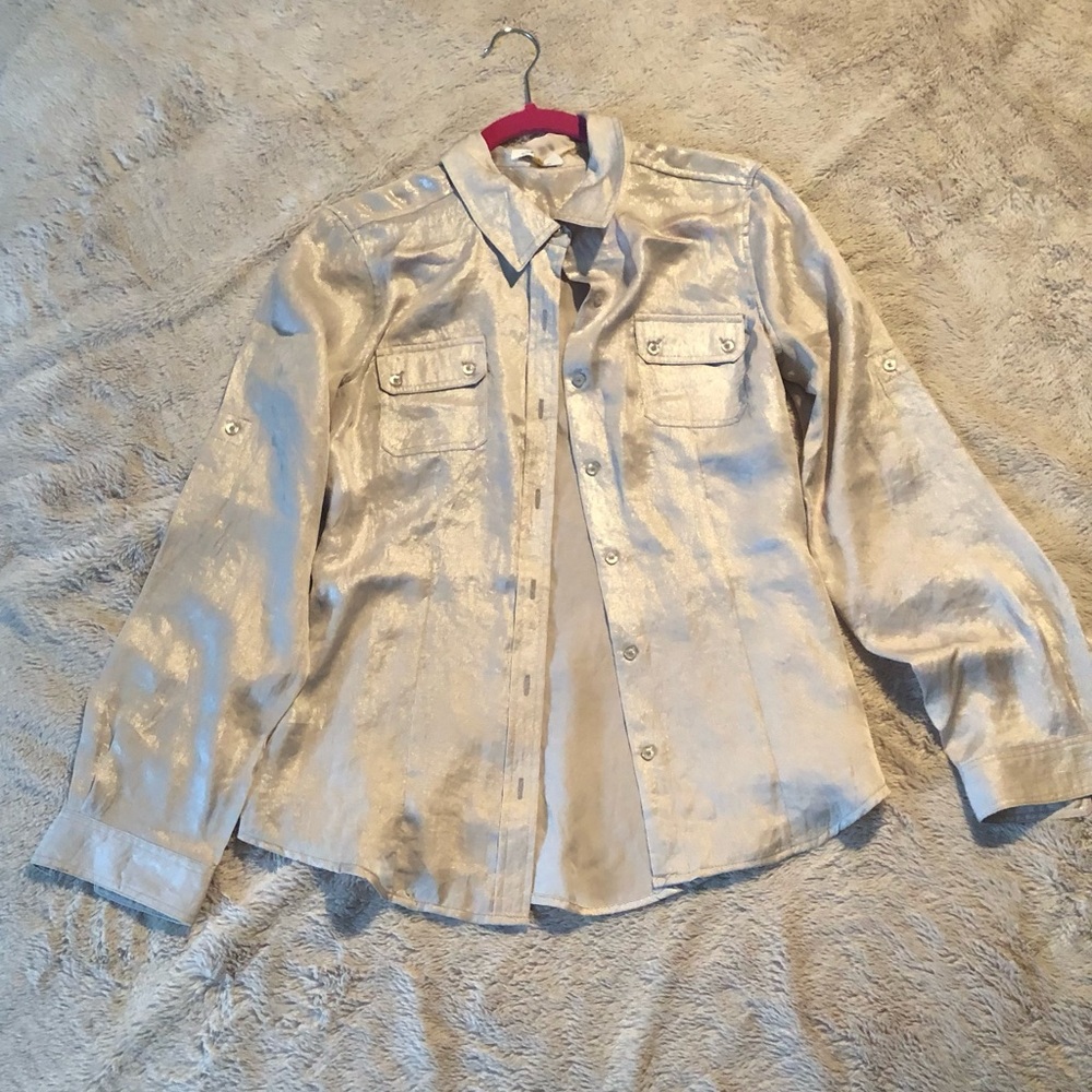 CALVIN KLEIN Women Small Beige Metallic Button Up Long Sleeve Cuff Collar Shirt